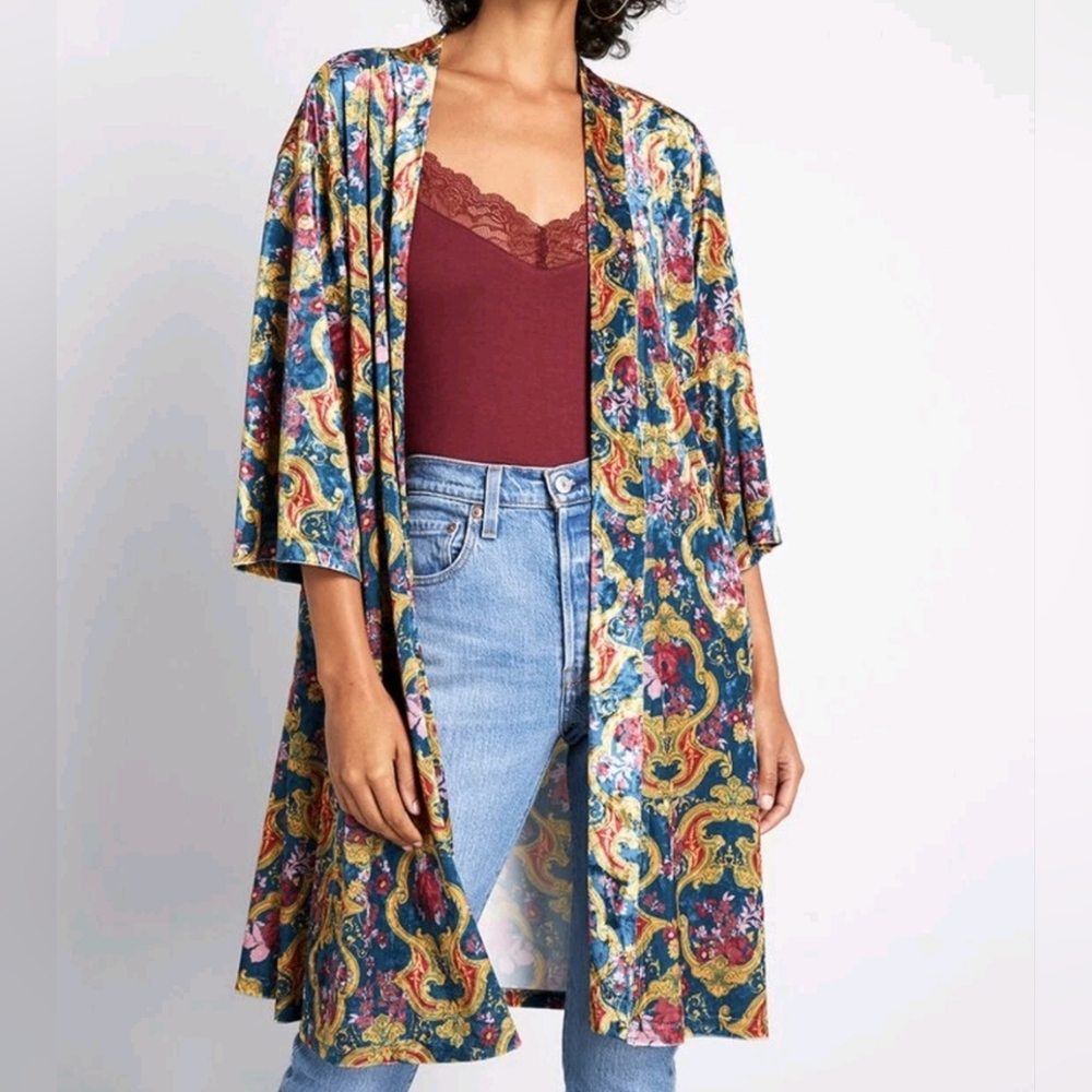 Modcloth Blue Yellow Geometric Print Velvet Open Kimono Style Cardigan Large XL